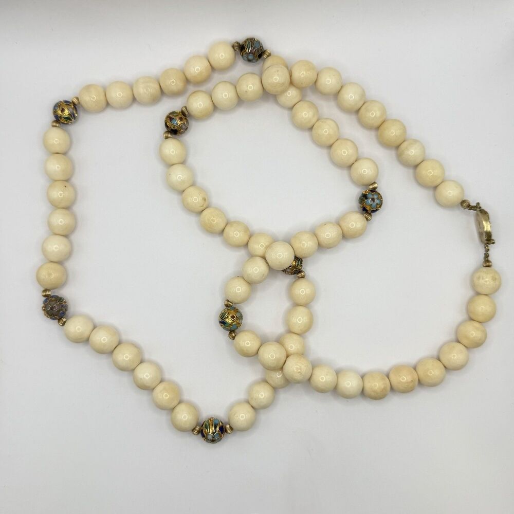Vintage Ivory Color Beaded Necklace with Cloisonné Beads 36” 925 Sterling Clasp